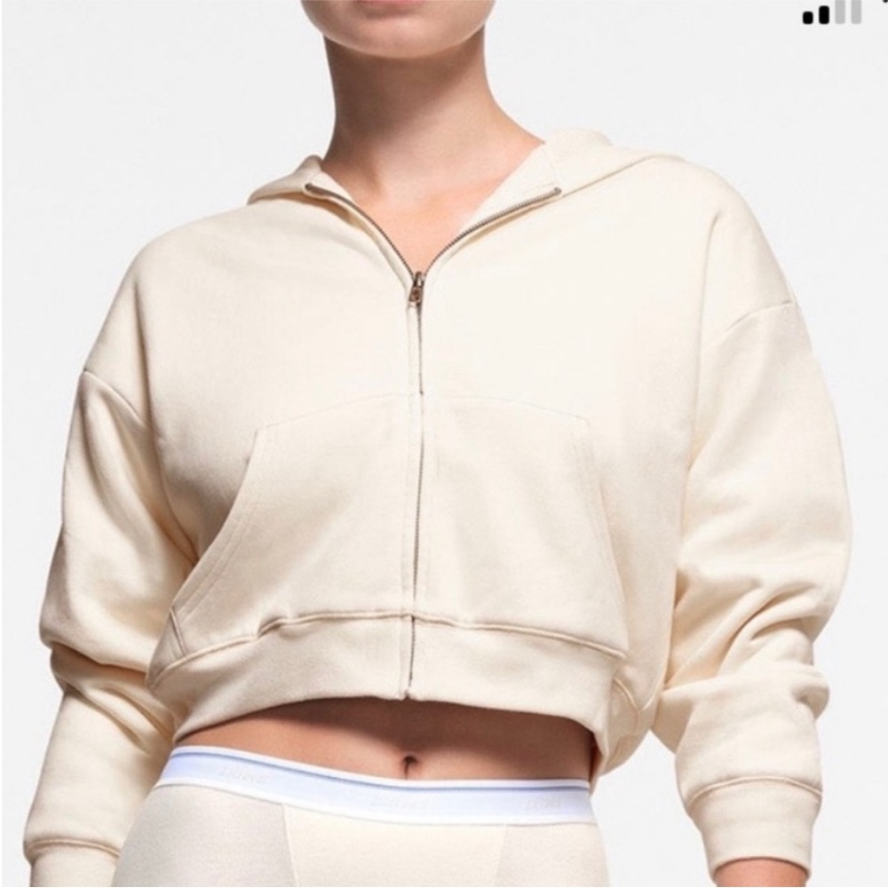 🤍 SKIMS NWT Cotton Fleece “Waffle Lined Zip-Up Hoodie” Size: Small, Color: Ecru